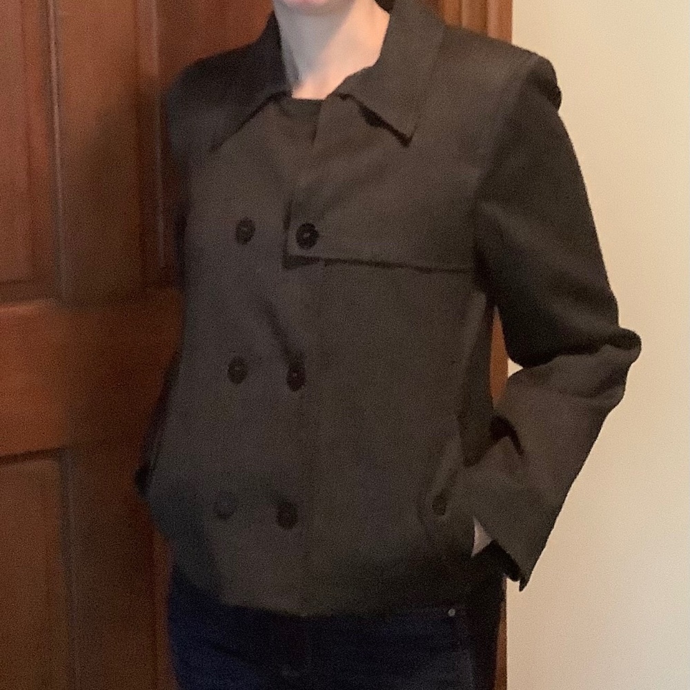 Harvé Benard Charcoal Grey Petite Military-Style Short Trench Wool Jacket